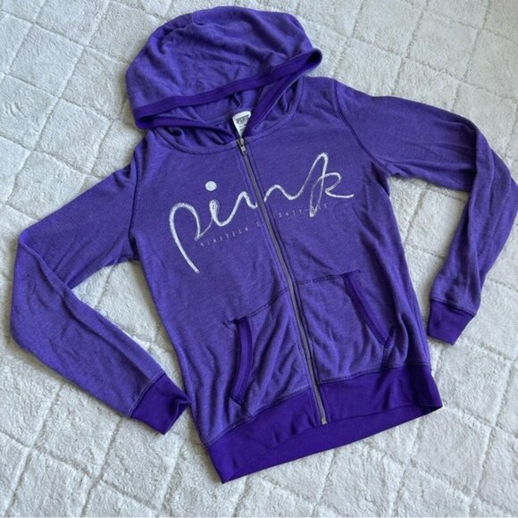 Victoria's Secret PINK | Purple Script Full Zip Logo Hoodie | Size Extra Small - Picture 3 of 11